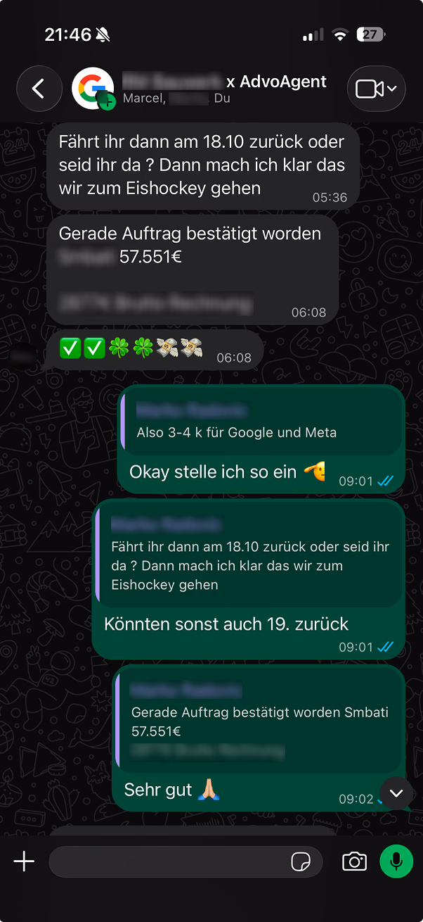 WhatsApp-Austausch über einen bestätigten Auftrag über 57.551 €.